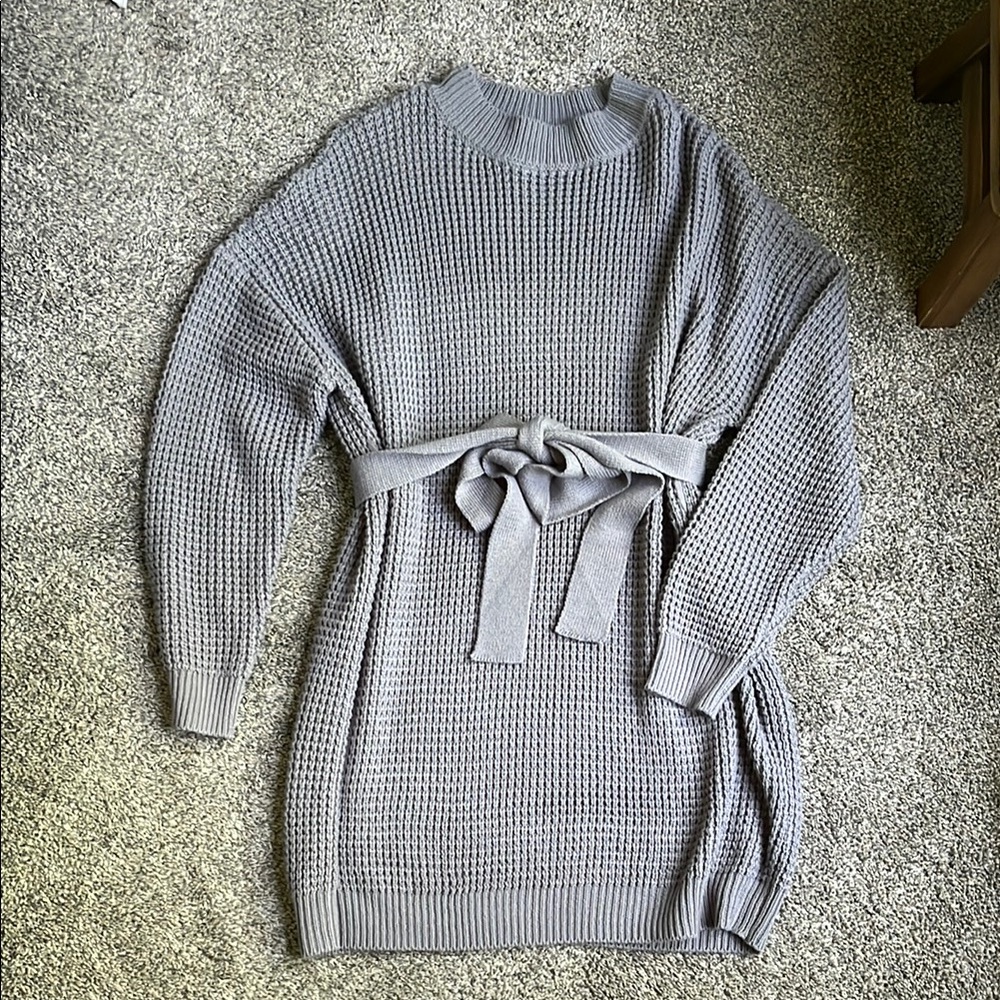 Gray Knit Sweater Dress with Belt